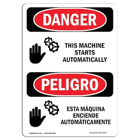 OSHA Danger, This Machine Starts Automatically Bilingual, 5in X 3.5in Decal, 10PK